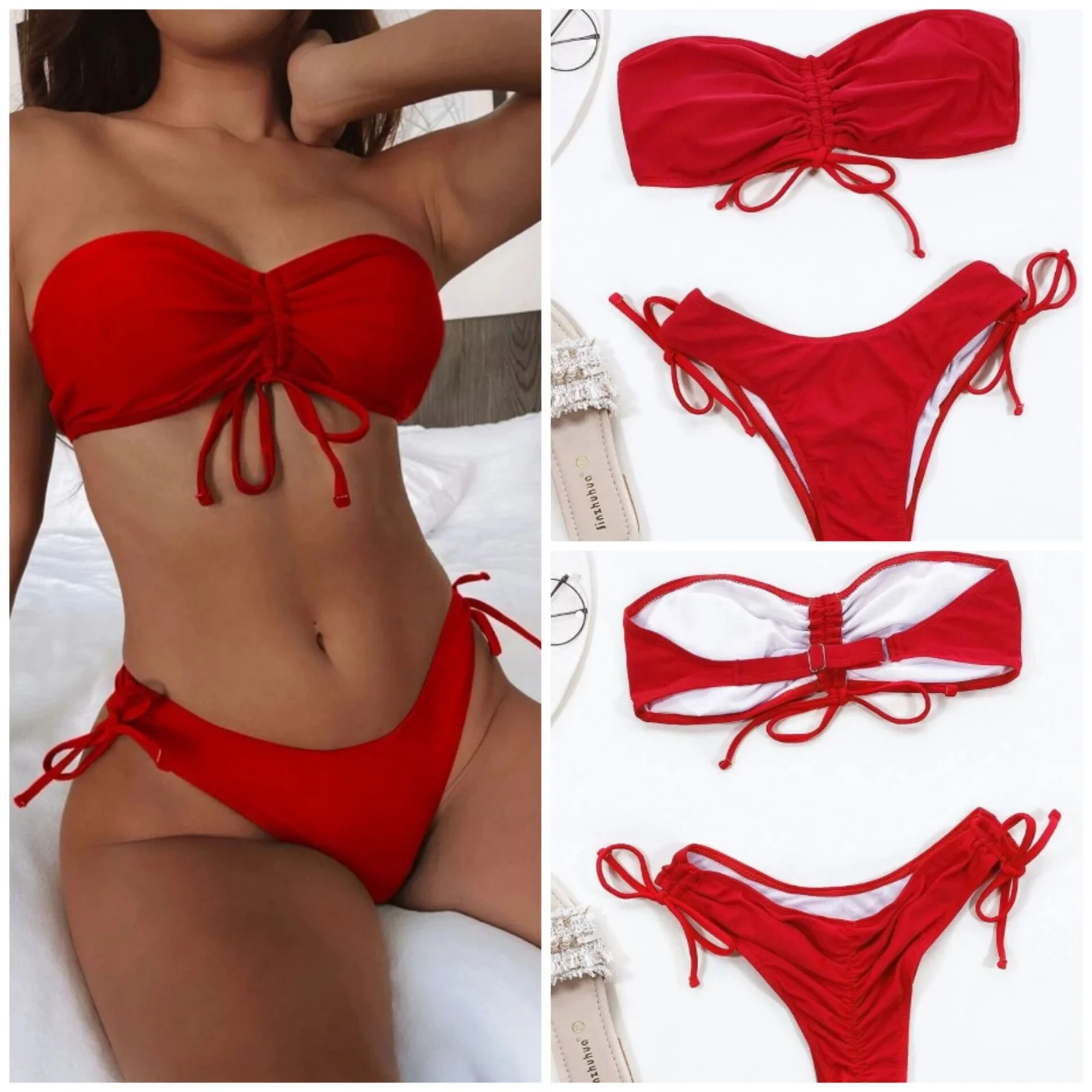 

Summer Solid Color Bikini Hot Spring Resort Seaside Beach Swimsuit Strapless Sexy Drawstring Tight High Waist Quick Dry Bikini