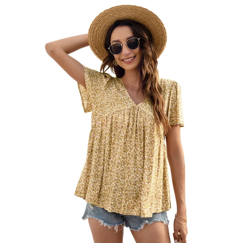Fashion Floral Print Loose Fit Pleated T Shirts Women V Neck Casual Tops 2022 Summer Blouses
Fashion Floral Print Loose Fit Pleated T Shirts Women V Neck Casual Tops 2022 Summer Blouses