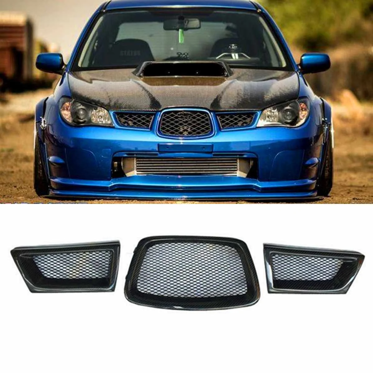 

Black 3Pcs Carbon Fiber Car Front Lower Mesh Grill Grille for subaru Impreza WRX STi 9th 2006-2007 28012