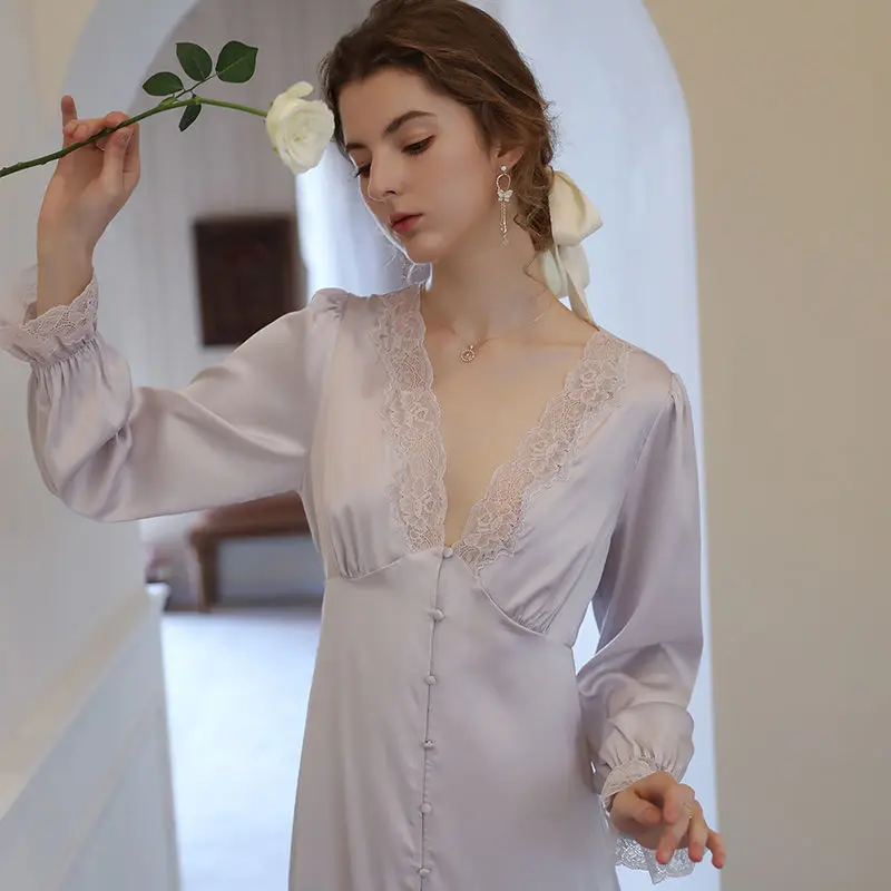 Satin Night Dress Women Lace Nightie Vintage Nightwear Nightdress Purple Home Wear Long Sleeve Autumn Summer Nighty Sexy
Satin Night Dress Women Lace Nightie Vintage Nightwear Nightdress Purple Home Wear Long Sleeve Autumn Summer Nighty Sexy