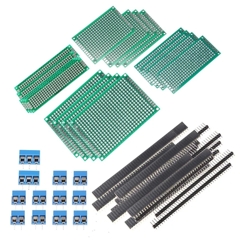 Набор печатных плат из 52 шт., двусторонняя универсальная печатная плата, штекер/гнездо, 40-контактный разъем, клемма 2P и 3P
Набор печатных плат из 52 шт., двусторонняя универсальная печатная плата, штекер/гнездо, 40-контактный разъем, клемма 2P и 3P