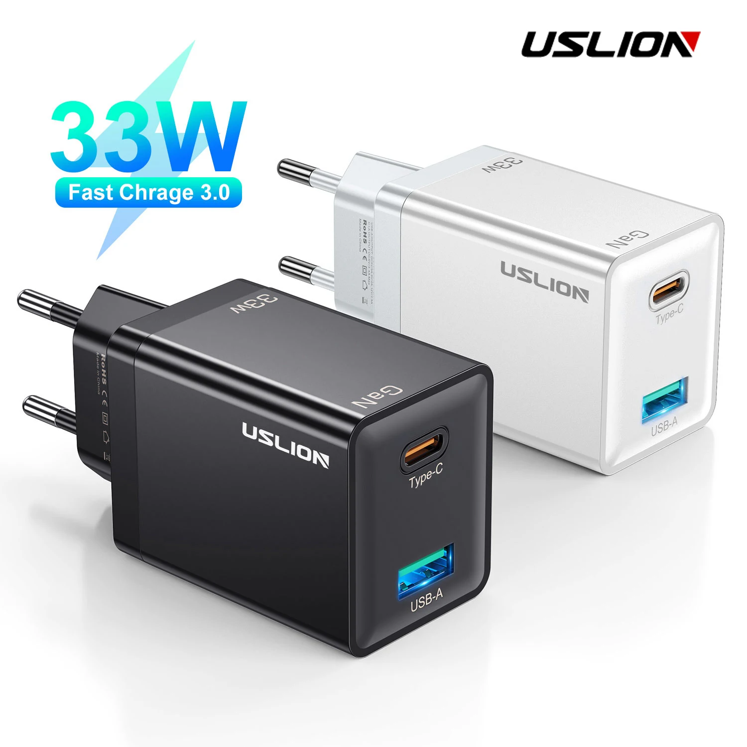 

USLION 2 Ports Mini 33W GaN USB Type C Charger QC3.0 Portable Fast Charging For iPhone 14 Pro Xiaomi 13 Samsung KR/EU/US/UK Plug