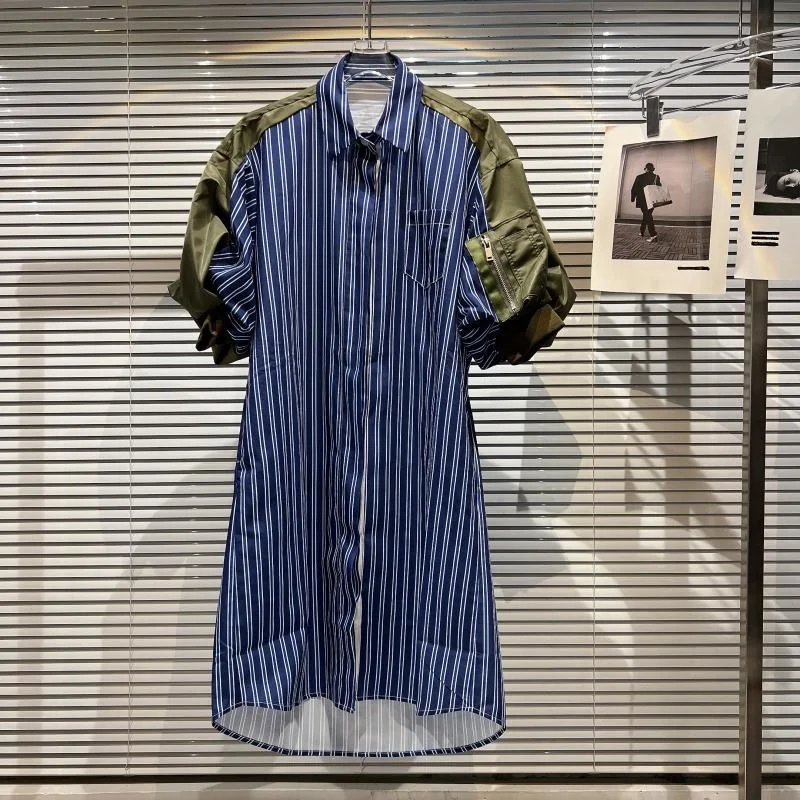 Summer 2022 Short Sleeve Army Green Blue Striped Turn Down Collar Long Shirt Dress Women GF310
Summer 2022 Short Sleeve Army Green Blue Striped Turn Down Collar Long Shirt Dress Women GF310