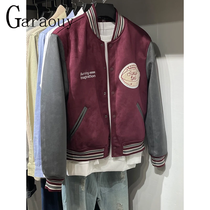 

Garaouy 2023 New Men Faux Suede Embroidered Patchwork Coats Male Loose Bomber Jacket Vintage Casual Streetwear Fashion Outwear