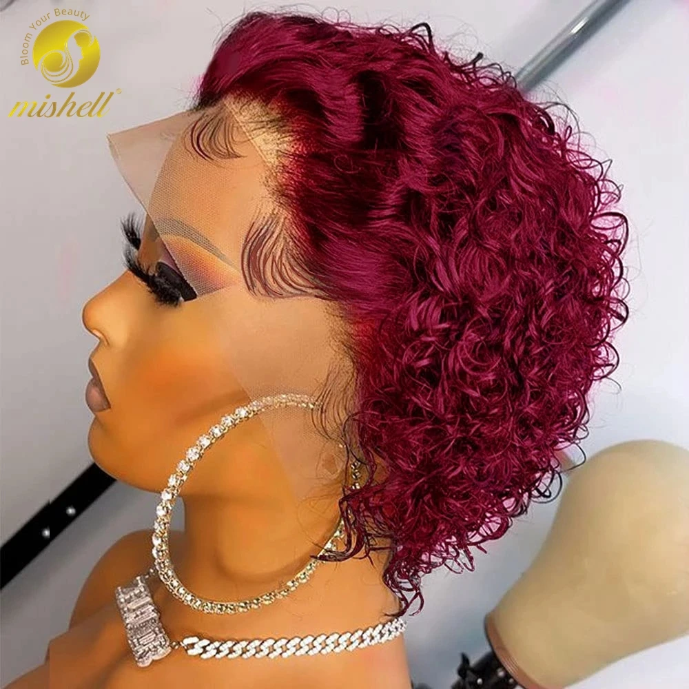 

Burgundy 99J Short Curly Pixie Cut Wig Human Hair Bob Wig 13x1 Transparent Lace Wig Brazilian Water Wave Remy Hair for Women