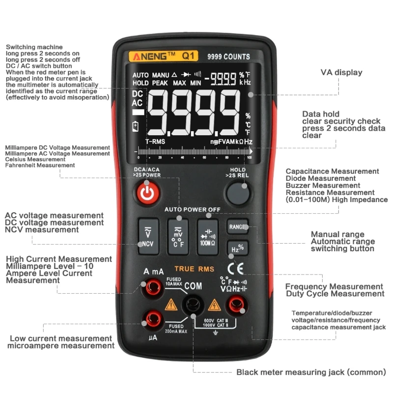 Q1 True-RMS Digital Multimeter Auto Button 9999 Counts Analog Bar Graph Tester Drop Shipping
Q1 True-RMS Digital Multimeter Auto Button 9999 Counts Analog Bar Graph Tester Drop Shipping