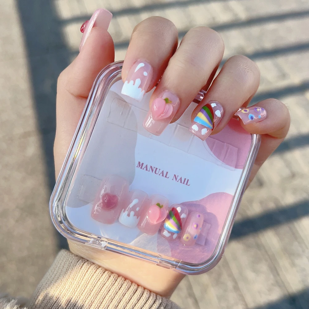 Handmade Nails Hand-painted Rainbow Peach Lovely Manual Press on Nail Reusable False Cute Nails Full Cover Professional Art
Handmade Nails Hand-painted Rainbow Peach Lovely Manual Press on Nail Reusable False Cute Nails Full Cover Professional Art