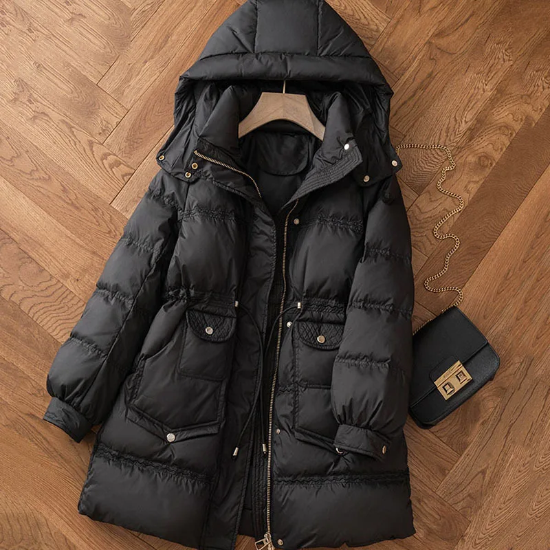 Medium and long down jacket women's winter coat 2022 new women's loose waist thickening warm white black coat
Medium and long down jacket women's winter coat 2022 new women's loose waist thickening warm white black coat