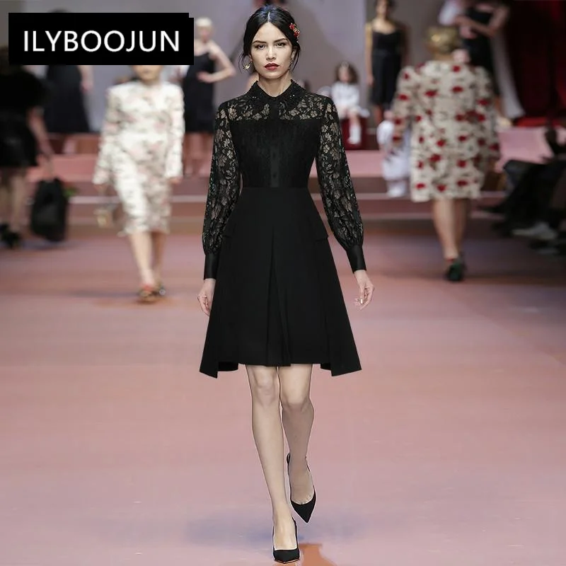 Fashion Designer Autumn Black Dress Women's Turn-down Collar Lantern Sleeve Lace Patchwork Short Party Dress
Fashion Designer Autumn Black Dress Women's Turn-down Collar Lantern Sleeve Lace Patchwork Short Party Dress
