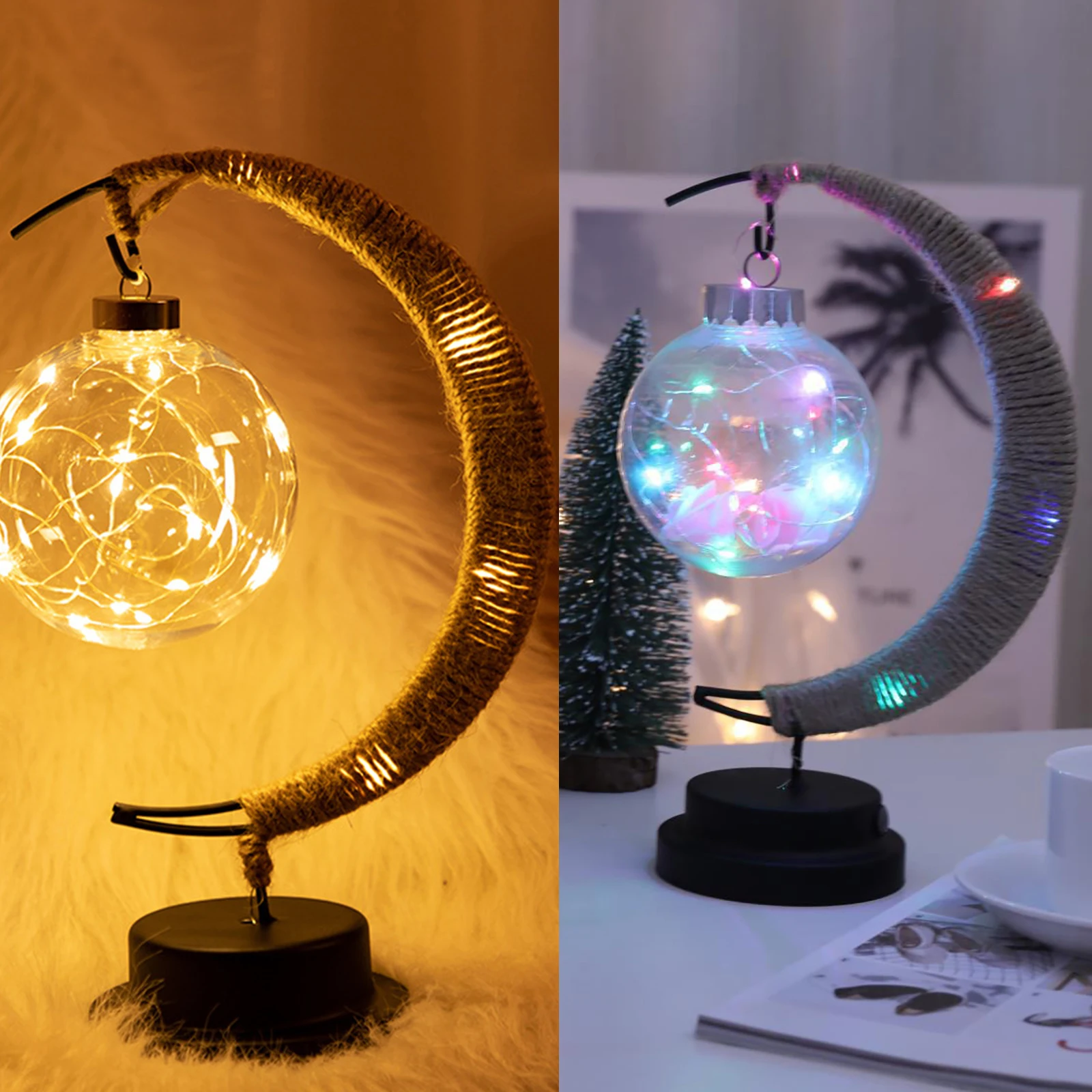 

Светодиодная настольная лампа из пеньковой веревки, декоративный прикроватный ночник из кованого железа с лунным шаром