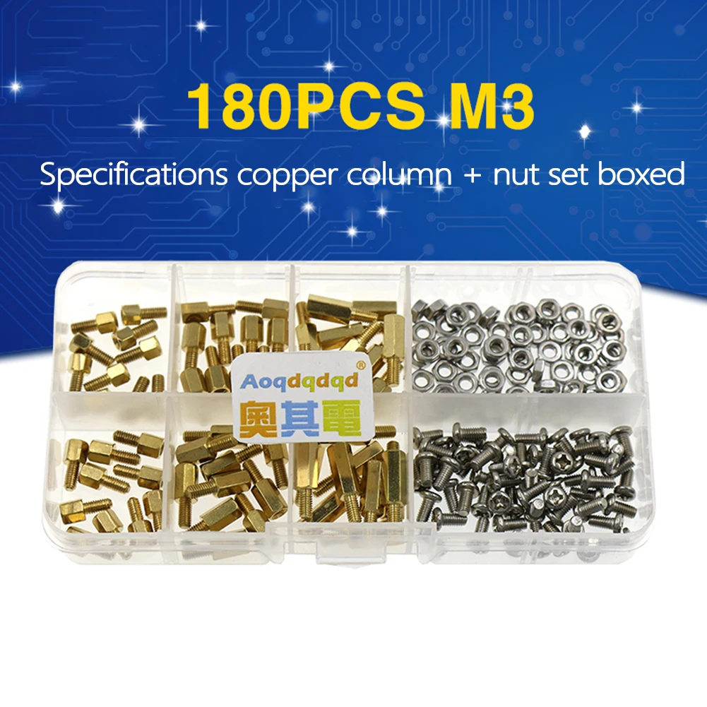 180pcs M3 Male Female Hex Nut Spacing Screw Brass Threaded Pillar PCB Motherboard Standoff Spacer Fastener Tool Kit
180pcs M3 Male Female Hex Nut Spacing Screw Brass Threaded Pillar PCB Motherboard Standoff Spacer Fastener Tool Kit