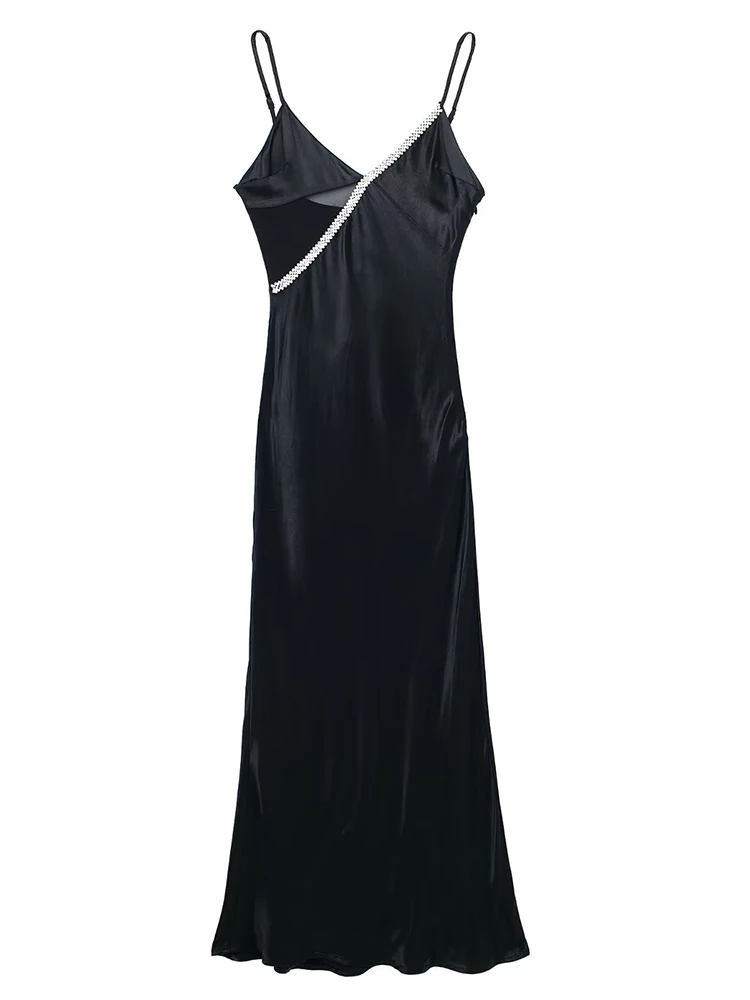 

YENKYE Women Thin Strap Black Satin Dress Fashion Faux Jewel Applique V Neck Sleeveless Female Sexy Long Dress