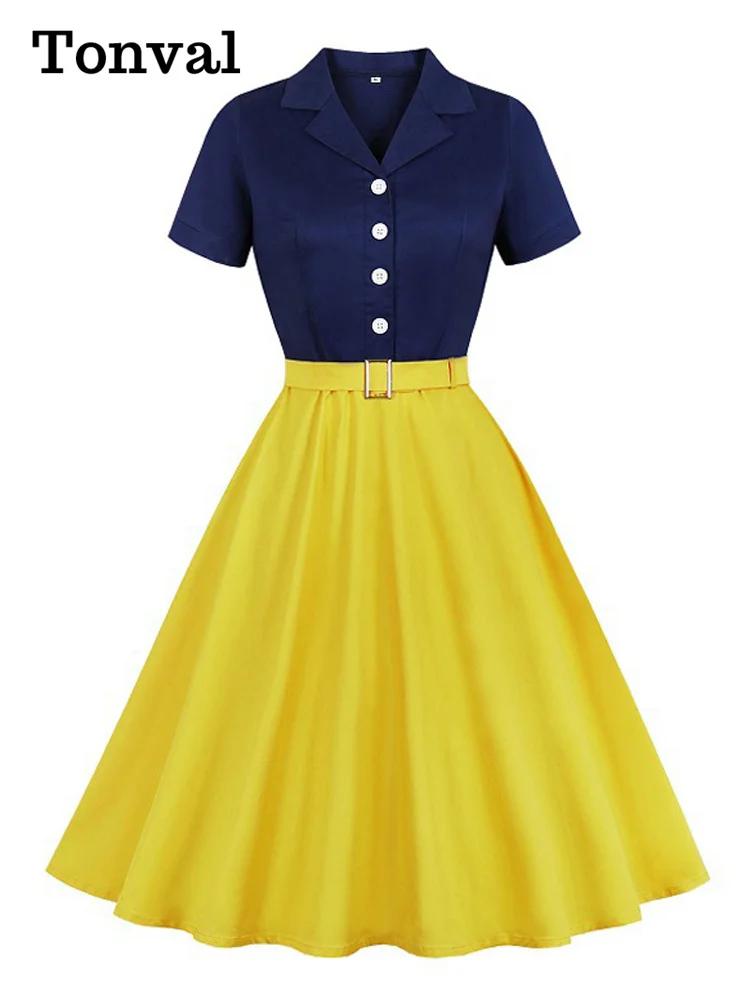 

Tonval Navy Blue and Yellow Button Up Cotton Summer Elegant Dress Women Notched Collar Belted Rockabilly Vintage Midi Dresses