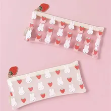 Miffy 딸기 사랑스러운 귀여운 PVC 투명 학생 필통, 만화 인쇄 워시 및 가글 젤리 백, 메이크업 보관 가방