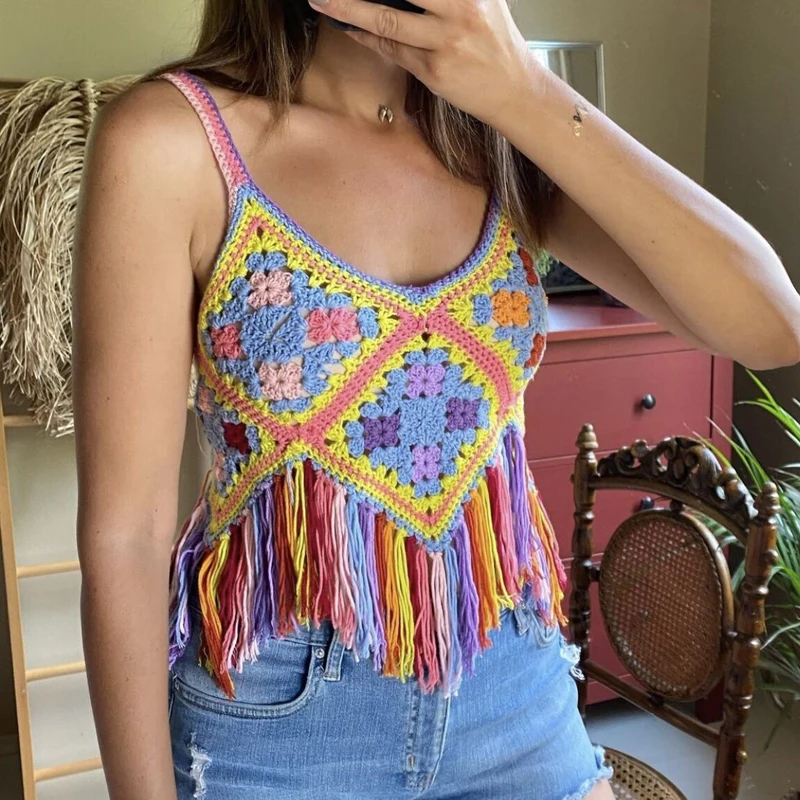 

TEELYNN Vintage Hand Crocheted Knitted Tassel Cami Casual Sleeveless Summer Tank Tops 2022 Boho Beach Wear Cropped Top Women