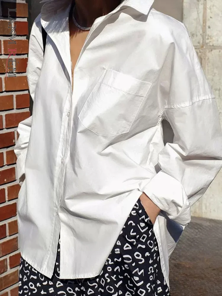 

LANMREM женская рубашка с отворотом в стиле ретро, с длинными рукавами, однобортные свободные топы, модная женская одежда, новинка весны 2023, 2YA578