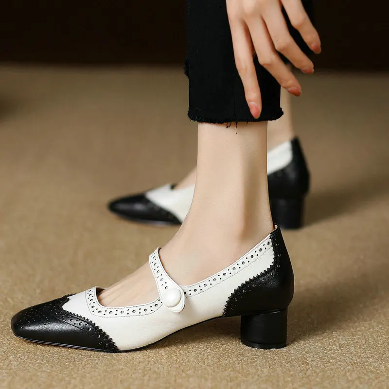 

Genuine Leather Cowhide Brogue Design Round Closed Toe Med Heels Women Pumps Retro Vintage Lady Office Mixed Color Mary Janes