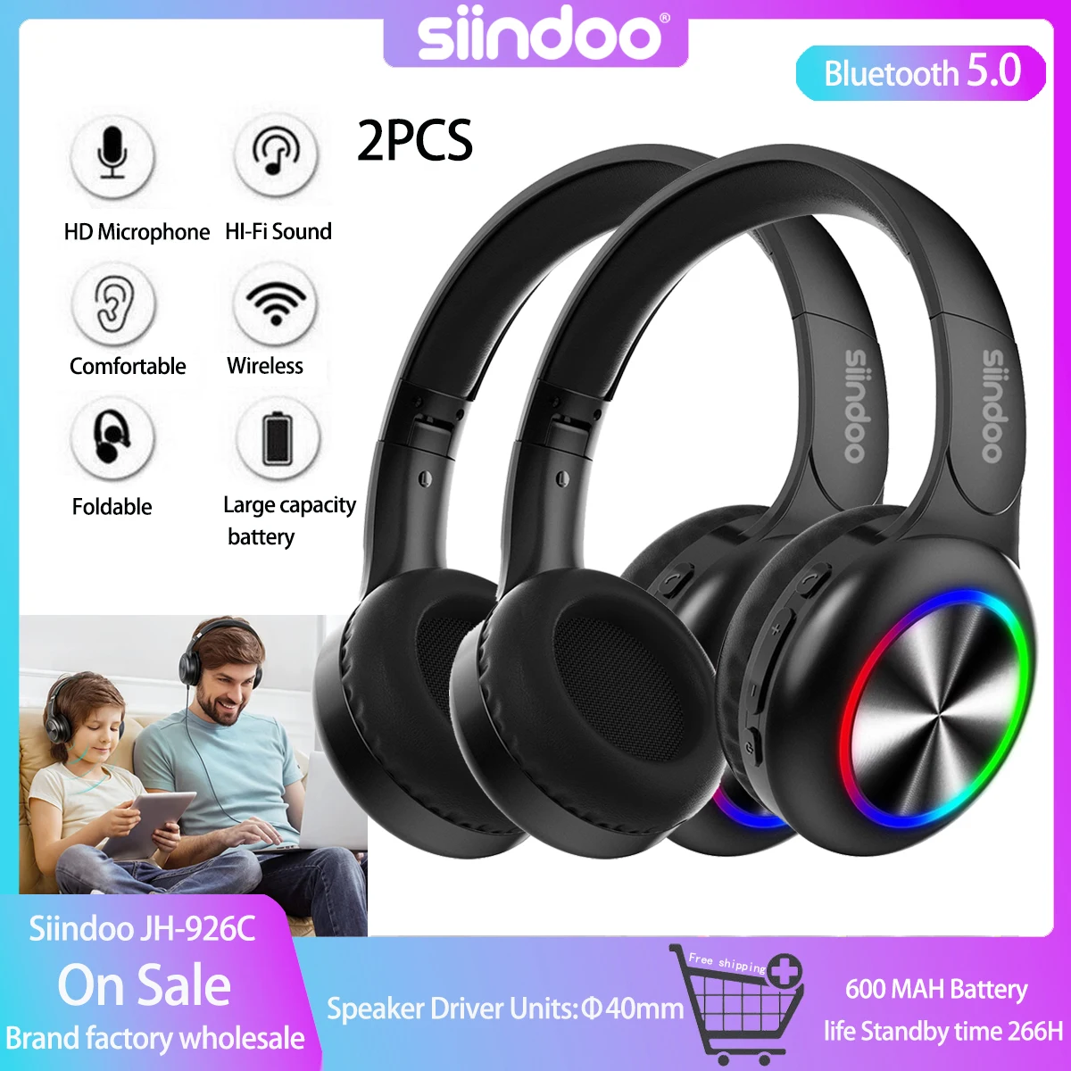Siindoo JH-926C RGB Light Wireless Bluetooth Headphones Foldable Stereo Kids Earphones Super Bass Noise Reduction Mic 2pcs
Siindoo JH-926C RGB Light Wireless Bluetooth Headphones Foldable Stereo Kids Earphones Super Bass Noise Reduction Mic 2pcs