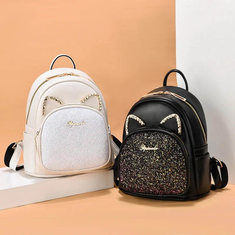 

High Quality Microfiber Leather Rhinestone Backpack Teenager Casual Shine Diamonds School Book Knapsack Bag Women Daily Backpack