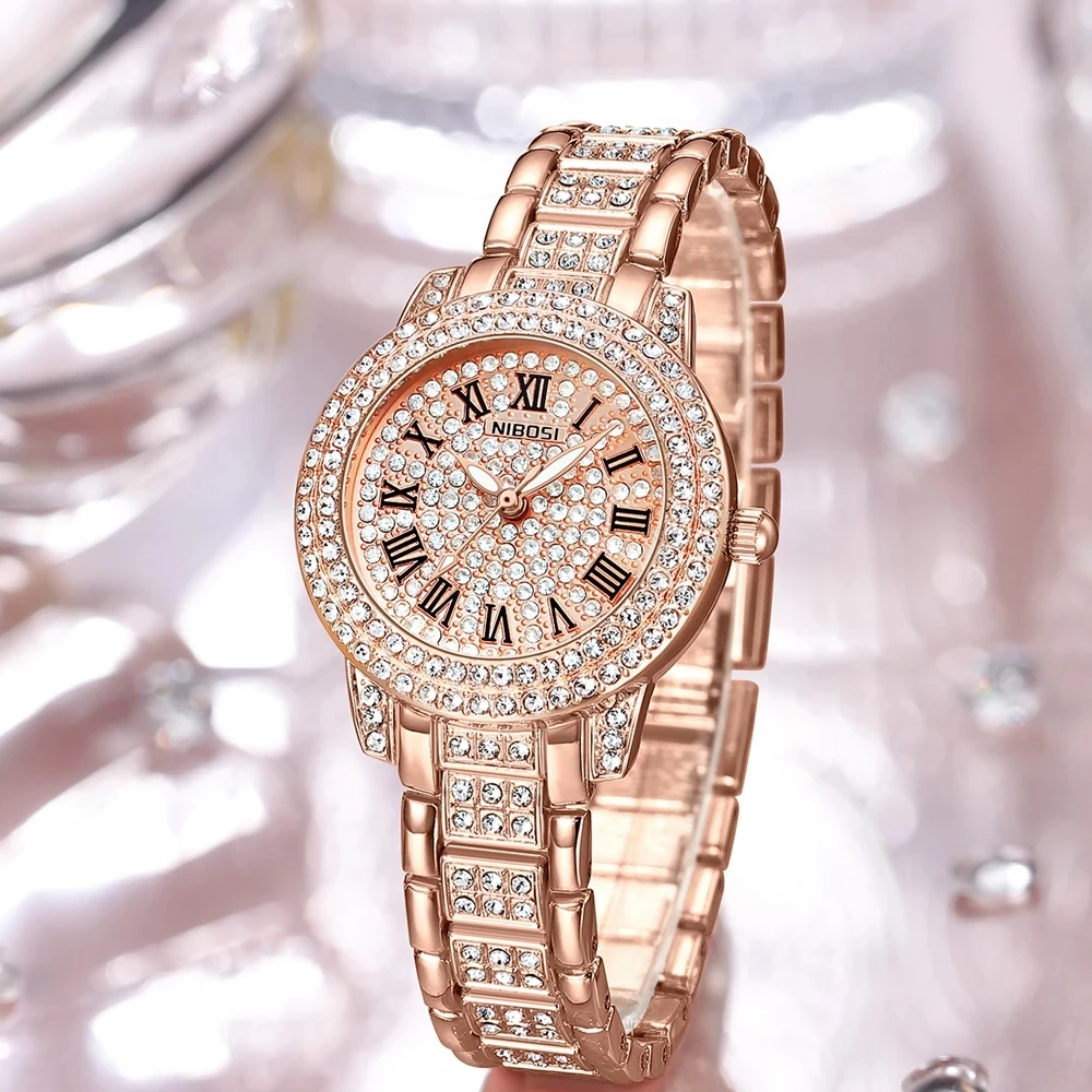 

NIBOSI Brand 2023 New Luxury Rose Gold Bracelet Crystal Quartz Watch Women Fashion Shiny Diamond Ladies Watches Relogio Feminino