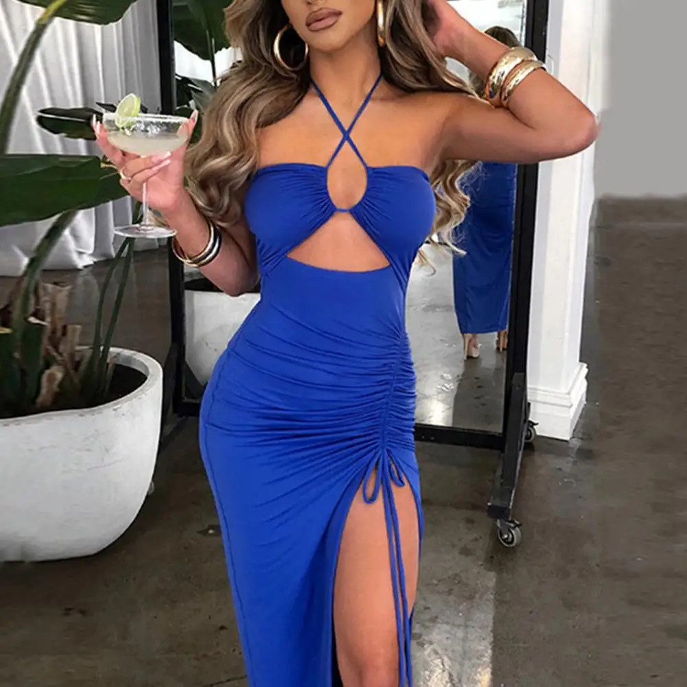 Halter Neck Maxi Dress Elegant Women's Club Party Maxi Dress Backless Sleeveless High Split Hem for Summer Events Breathable 
Halter Neck Maxi Dress Elegant Women's Club Party Maxi Dress Backless Sleeveless High Split Hem for Summer Events Breathable