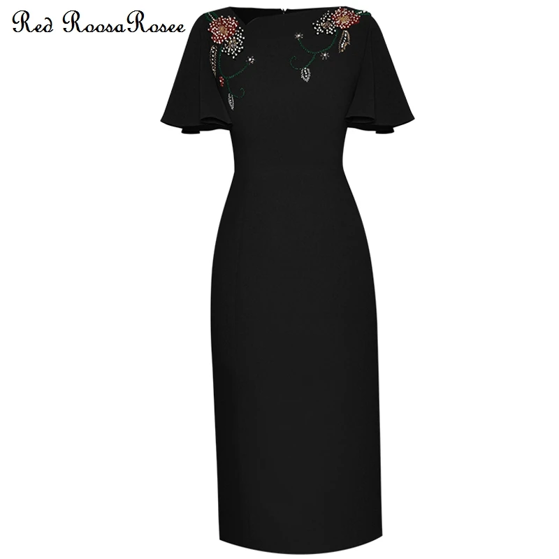 

Red RoosaRosee Irregular Collar Floral Diamonds Short Sleeve Black Pencil Dress Female Designer 2022 Party Vestidos Robe Femme