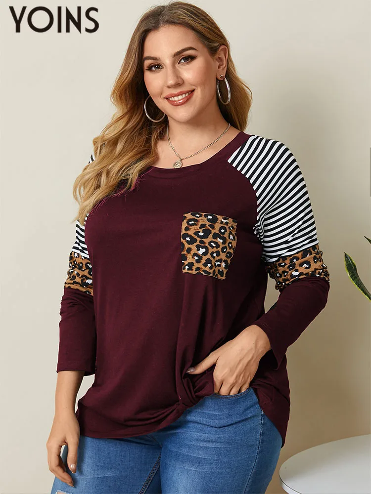 

YOINS Plus Size 4XL Vintage Leopard Printed T-Shirts Women's Long Slevee Striped Patchwork Tunic Tops Casual Autumn Party Tees