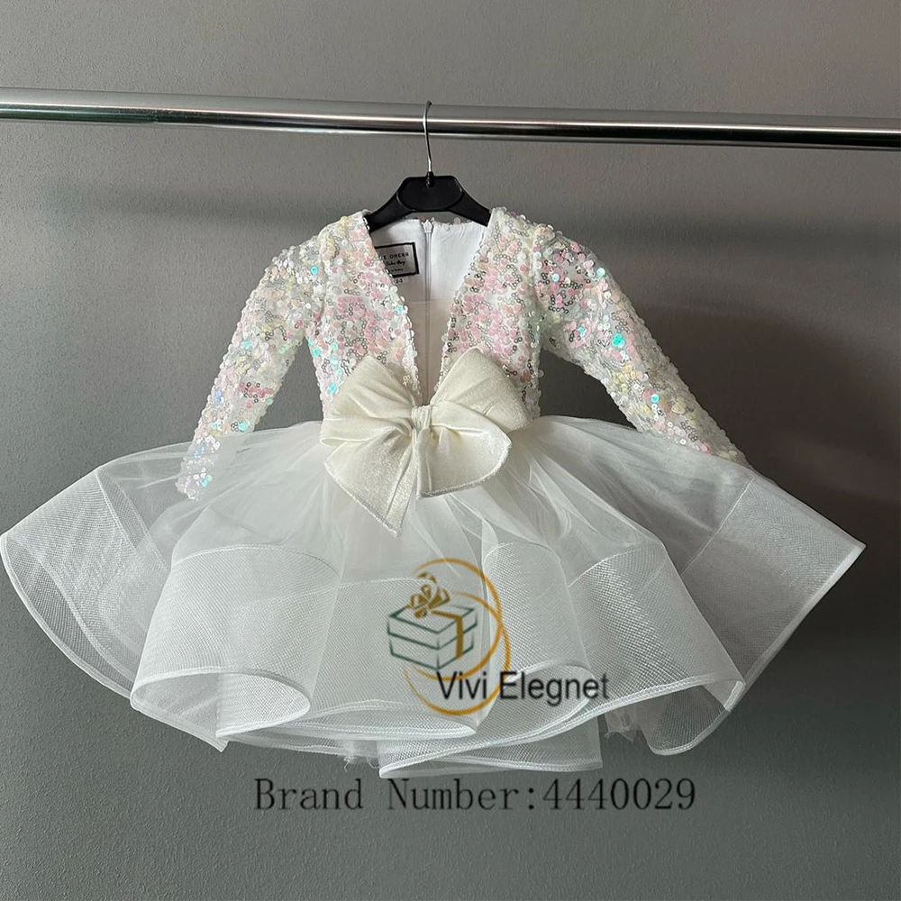 

White V Neck Flower Girl Dresses with Sequined Bow Tiered 2023 Tutu Wedding Party Gowns Full Sleeve فساتين بنات صغار Summer New