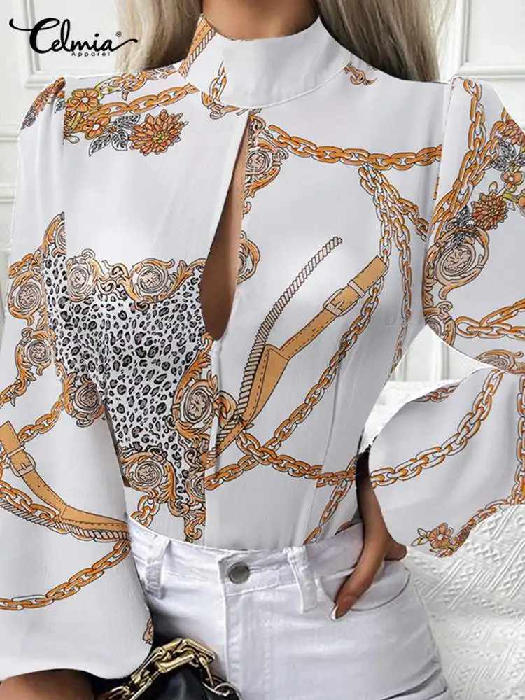 Celmia Sexy Hollow Out Casual Loose Tops Women Elegant Chain Print Blouse 2022 Fashion Lantern Long Sleeve High Collar Shirts 
Celmia Sexy Hollow Out Casual Loose Tops Women Elegant Chain Print Blouse 2022 Fashion Lantern Long Sleeve High Collar Shirts