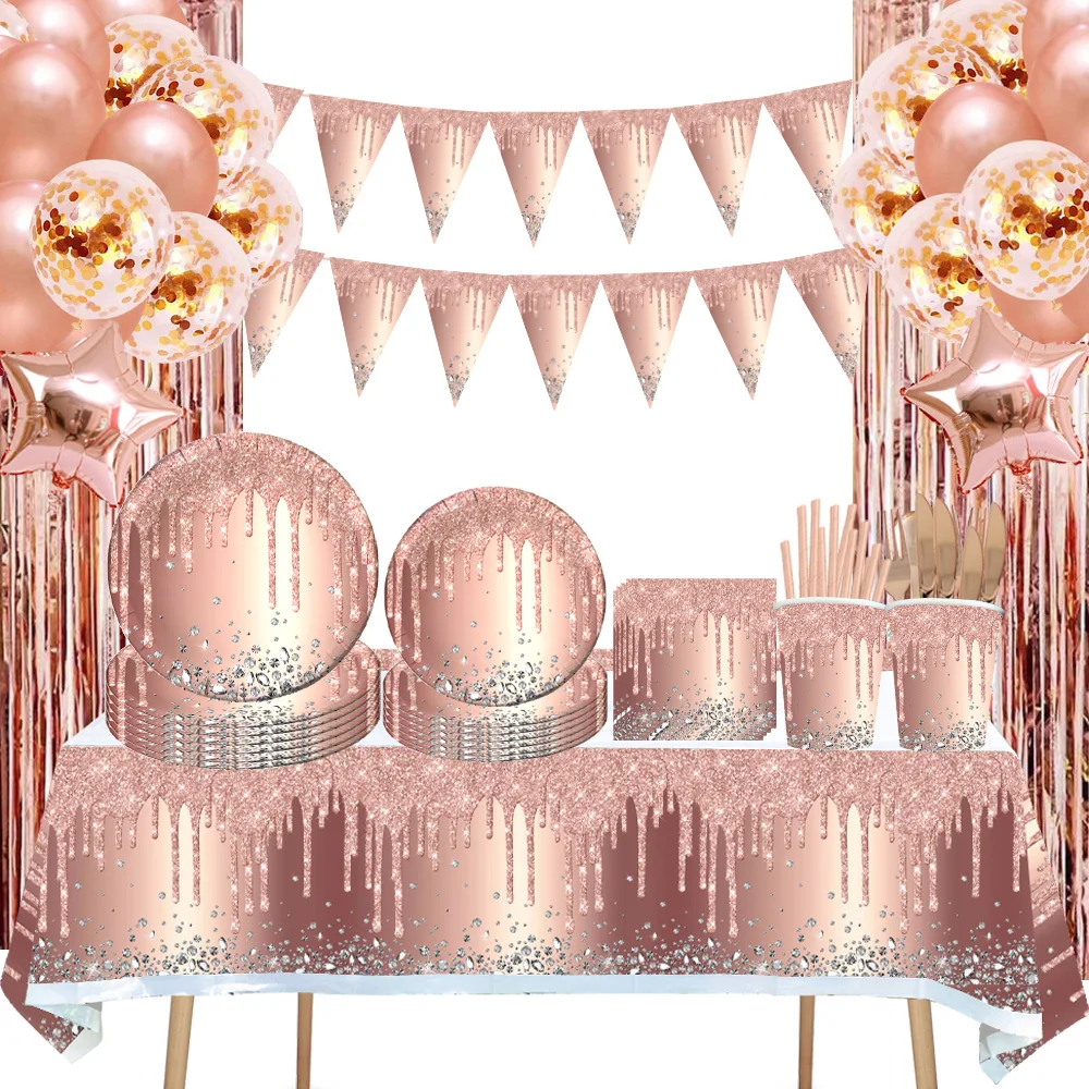 Rose Gold Party Supplies Disposable Tableware Set Diamond Glitter Paper Plate Cup Wedding Birthday Party Decoration Kid Balloons
Rose Gold Party Supplies Disposable Tableware Set Diamond Glitter Paper Plate Cup Wedding Birthday Party Decoration Kid Balloons