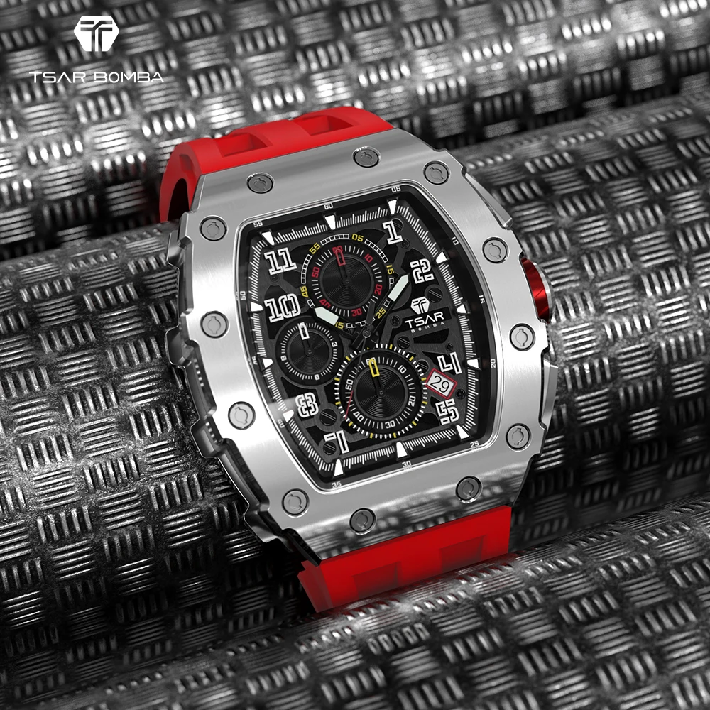 

Watch for Men Luxury TSAR BOMBA Tonneau Quartz Watch Man Sport Waterproof Chronograph Red Clock Fashion Sapphire Wristwatch