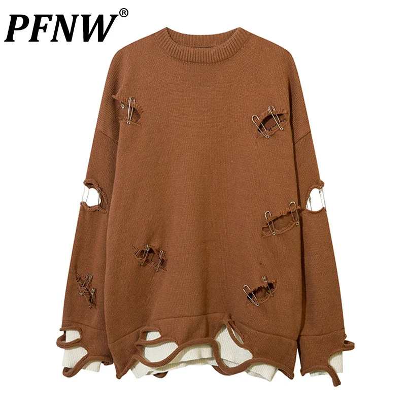 

PFNW Autumn Winter Men's Tide Vintage Knit Sweater Niche Hole Round Neck Loose Streetwear Chic Fake Two-piece Pullovers 28A3675