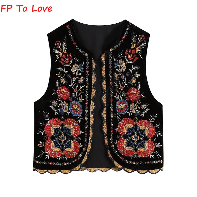 Vintage Embroidery Floral Vest Sequins Velvet Streetwear Black All Season Sleeveless Waistcoat PB&ZA Woman 
Vintage Embroidery Floral Vest Sequins Velvet Streetwear Black All Season Sleeveless Waistcoat PB&ZA Woman