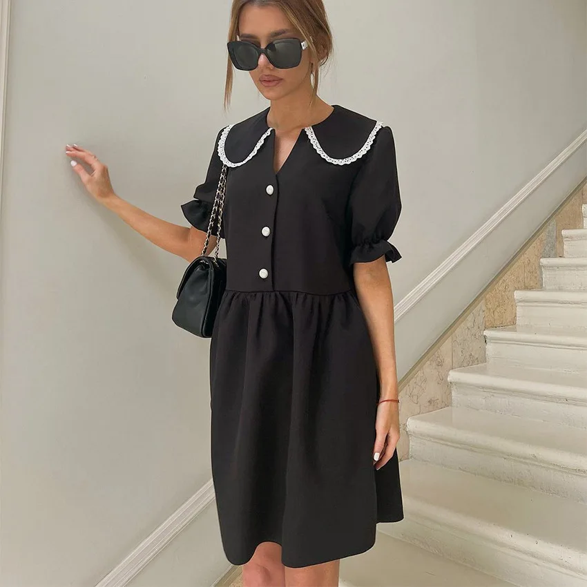 Summer Elegant Temperament Lapel Lace Neck Black Dress For Women Puff Sleeve High Waist Short Sleeve A-line Dresses Female 2022
Summer Elegant Temperament Lapel Lace Neck Black Dress For Women Puff Sleeve High Waist Short Sleeve A-line Dresses Female 2022