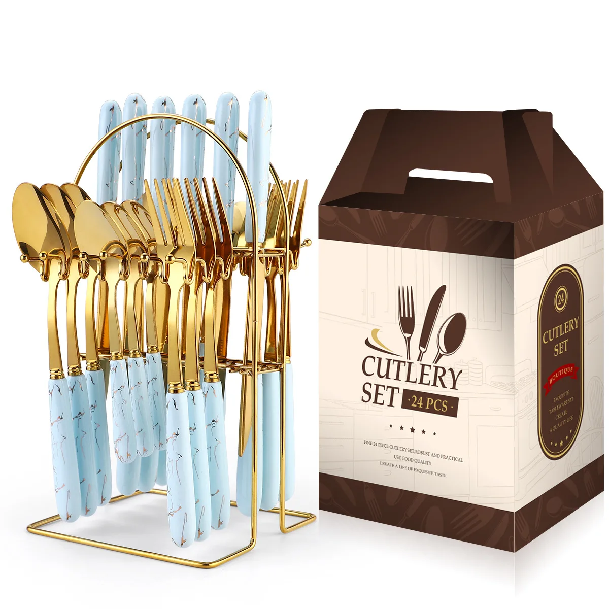 24Pcs Blue Gold Stainless Steel Flatware Set With Ceramic Handle Kitchen Utensil Tableware Set Includes Spoons Forks Knives
24Pcs Blue Gold Stainless Steel Flatware Set With Ceramic Handle Kitchen Utensil Tableware Set Includes Spoons Forks Knives