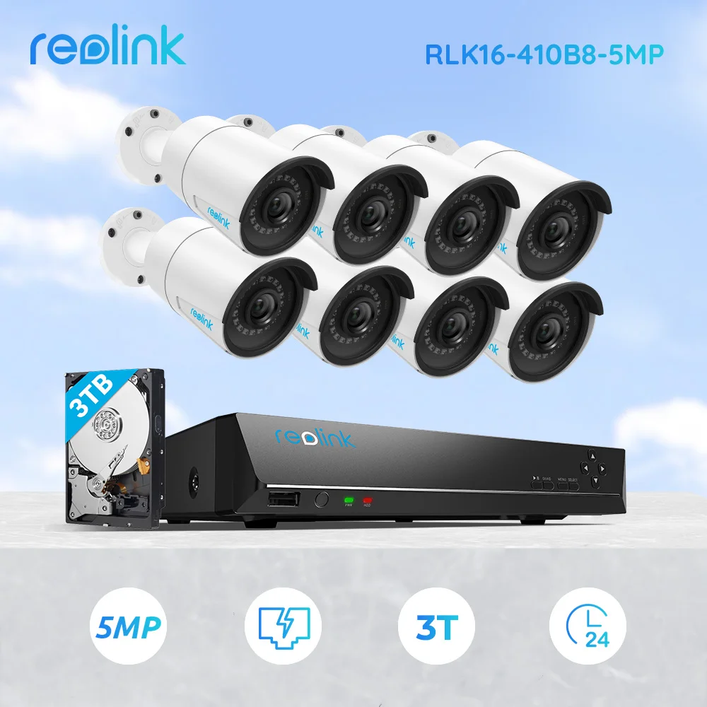

Reolink 5MP IP Security Camera System Human Car Detection PoE 16ch NVR&8 IP Outdoor Infrared Cameras 3TB HDD RLK16-410B8