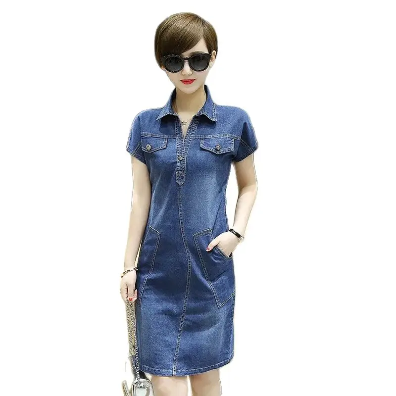 Women Summer Age-reducing Cowboy Dress Fat MM Korean Lapel Short-sleeved Dresses Female Mid-length Thin Denim Dress Elegant Blue
Women Summer Age-reducing Cowboy Dress Fat MM Korean Lapel Short-sleeved Dresses Female Mid-length Thin Denim Dress Elegant Blue