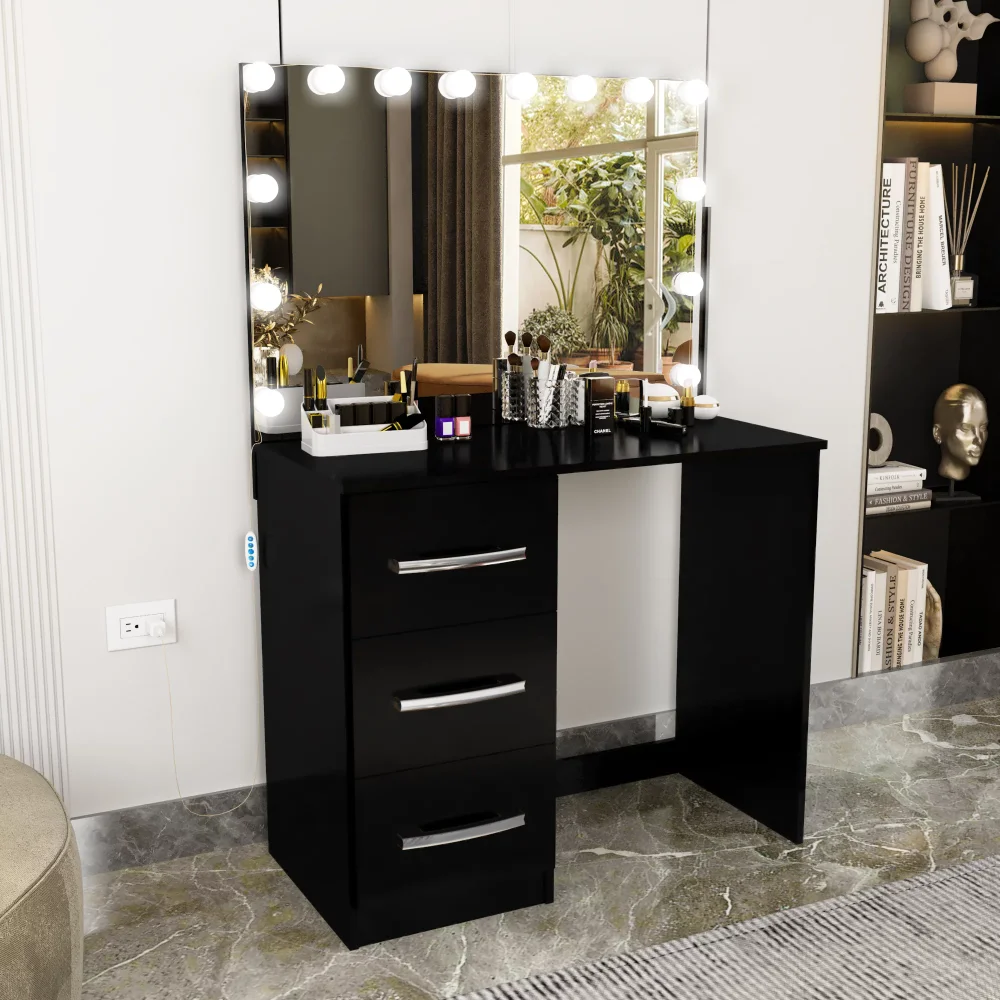 

Modern Vanity Table, Light Bulbs 3 Drawers Mirror Black Painted, Senior Sense of Small Storage Cabinet Integrated Makeup Table
