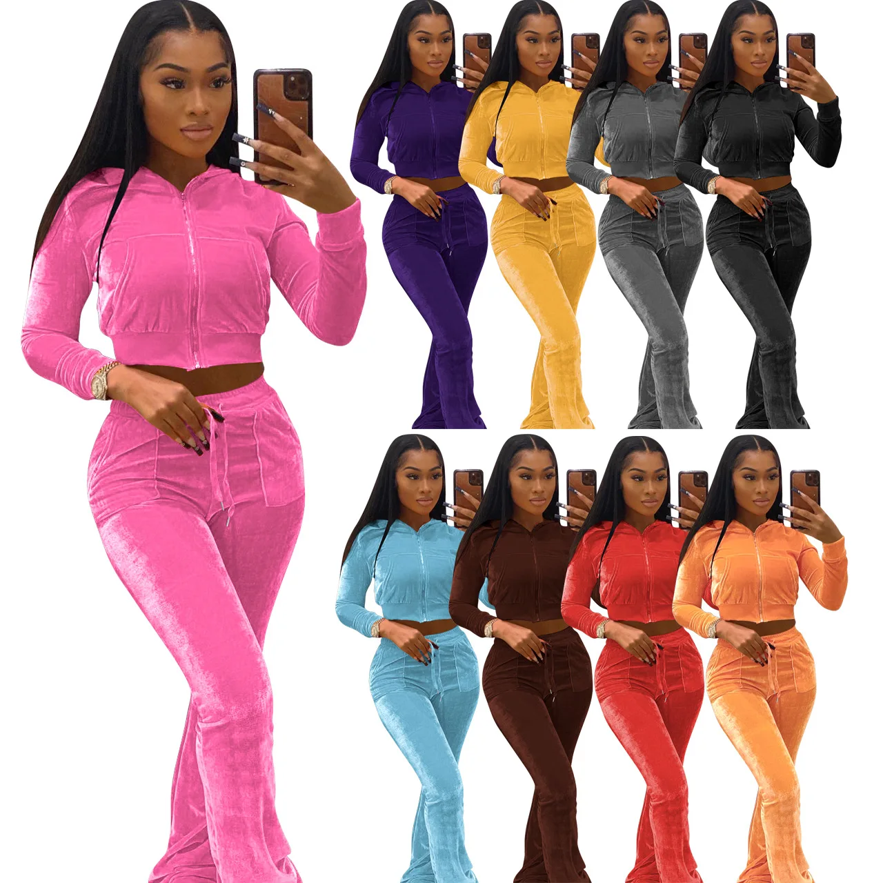 2022 Spring Fall Solid Color Gold Velvet Hooded Casual Zip Top + Stretch Wide Leg Pants with Pocket Two-Piece Set Sweatshirt
2022 Spring Fall Solid Color Gold Velvet Hooded Casual Zip Top + Stretch Wide Leg Pants with Pocket Two-Piece Set Sweatshirt