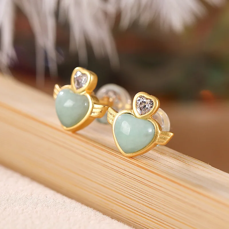 Sterling Silver Gold-plated Natural Jade Personality Sweet Heart-shaped Love Lady Temperament Earring Stud Earrings
Sterling Silver Gold-plated Natural Jade Personality Sweet Heart-shaped Love Lady Temperament Earring Stud Earrings