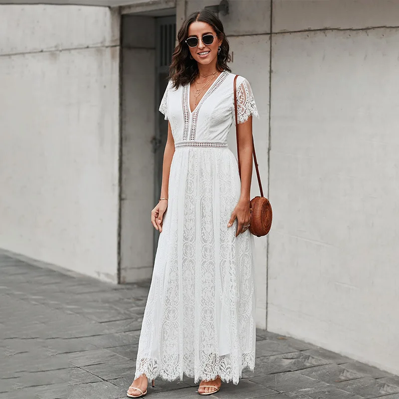 Shiying Dress Women Summer New European American Solid Color Lace Short-sleeved Stitching Hollow V-neck Formal Dress Long Skirt
Shiying Dress Women Summer New European American Solid Color Lace Short-sleeved Stitching Hollow V-neck Formal Dress Long Skirt