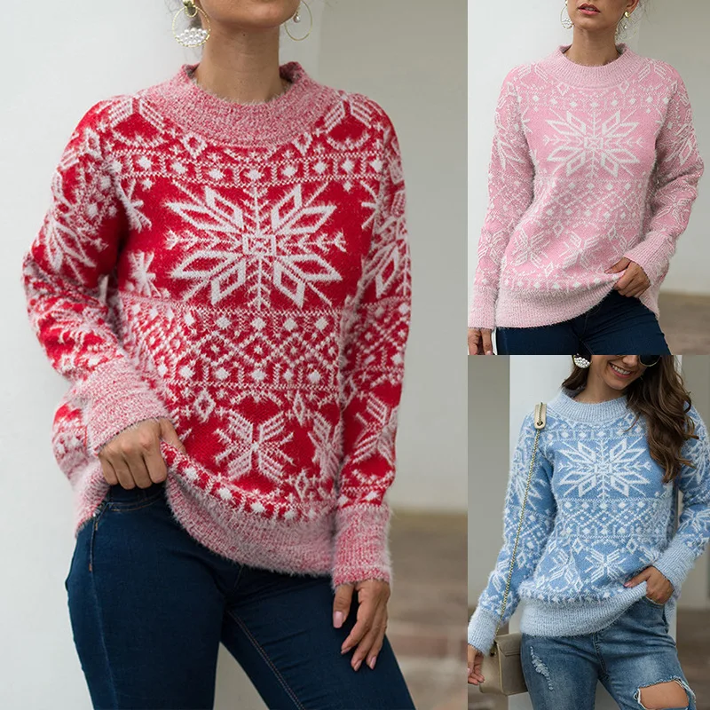 

Winter Ugly Christmas Sweaters Women Thick Warm Winter Snowflake Pullover Sweater Xmas Deer Elk Snowman Reindeer Knitted Sweater