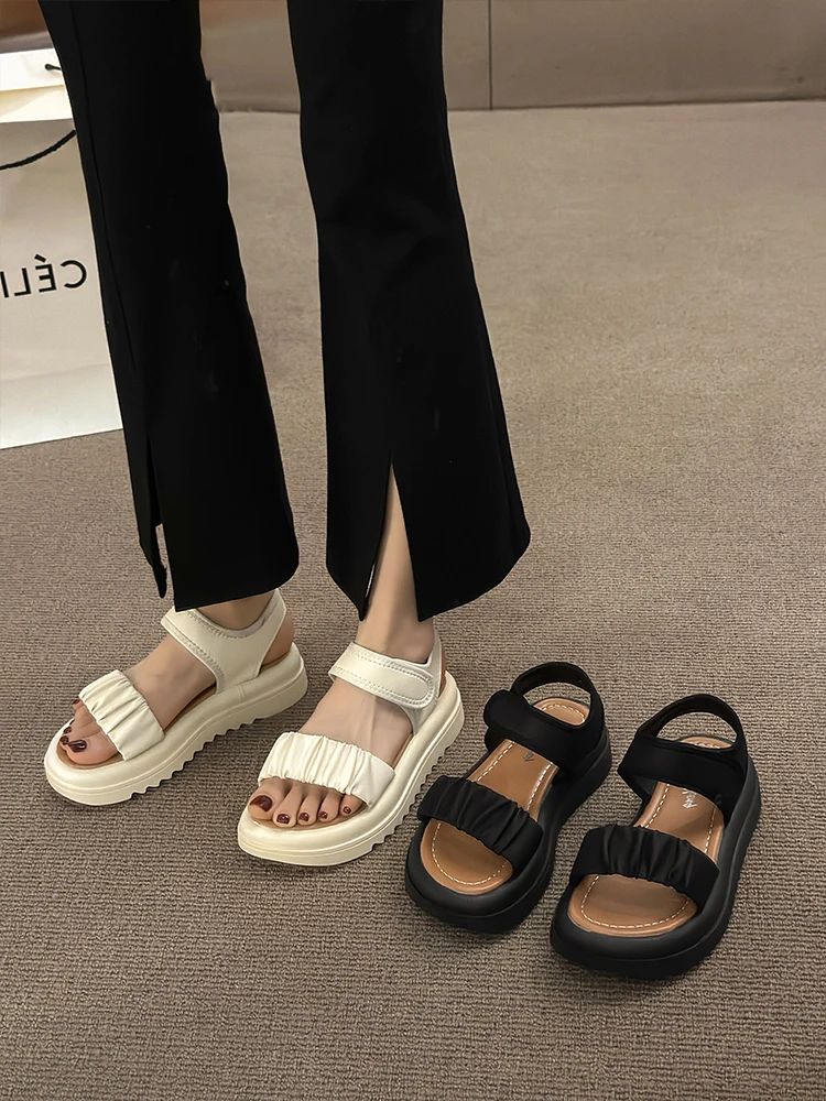 

Туфли женские в римском стиле, универсальные сандалии на каблуке, средний размер, гладиаторы, толстая подошва, удобная обувь, бежевые, модель 2023