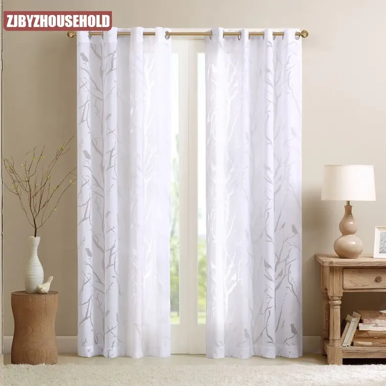 

Branches birds Curtains for Living room bedroom flowers simple luxurious Elegant textured semi-blackout White grey yarn tulle
