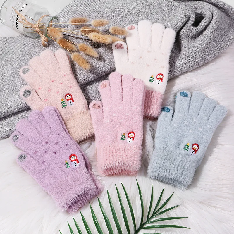 

Женские зимние теплые перчатки, шерстяные перчатки с вышивкой снеговика, варежки с пальцами для сенсорного экрана, рождественские подарки