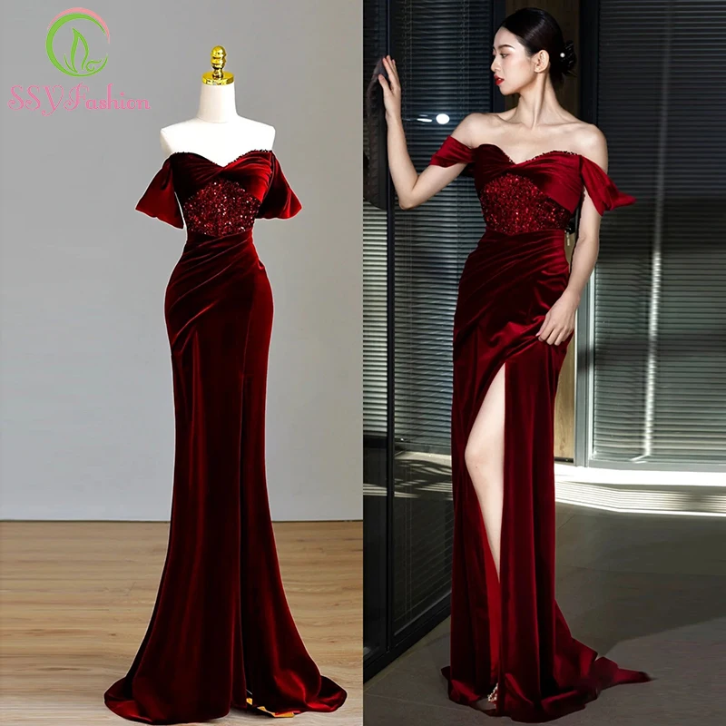 Женское вечернее платье-Русалка SSYFashion, винно-красное приталенное бархатное платье-годе с блестками, бальное платье для вечеринки
Женское вечернее платье-Русалка SSYFashion, винно-красное приталенное бархатное платье-годе с блестками, бальное платье для вечеринки