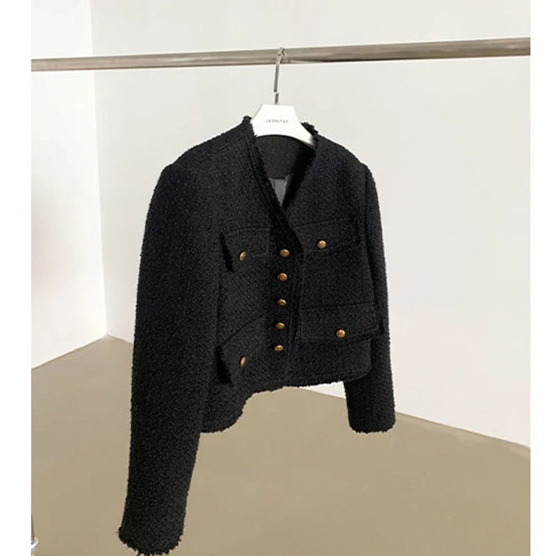 

Spring Autumn Black V-Neck Wool Coat Women Casual Loose Pocket Short Tweed Jacket Elegent Raw Edge Pocket Overcoat