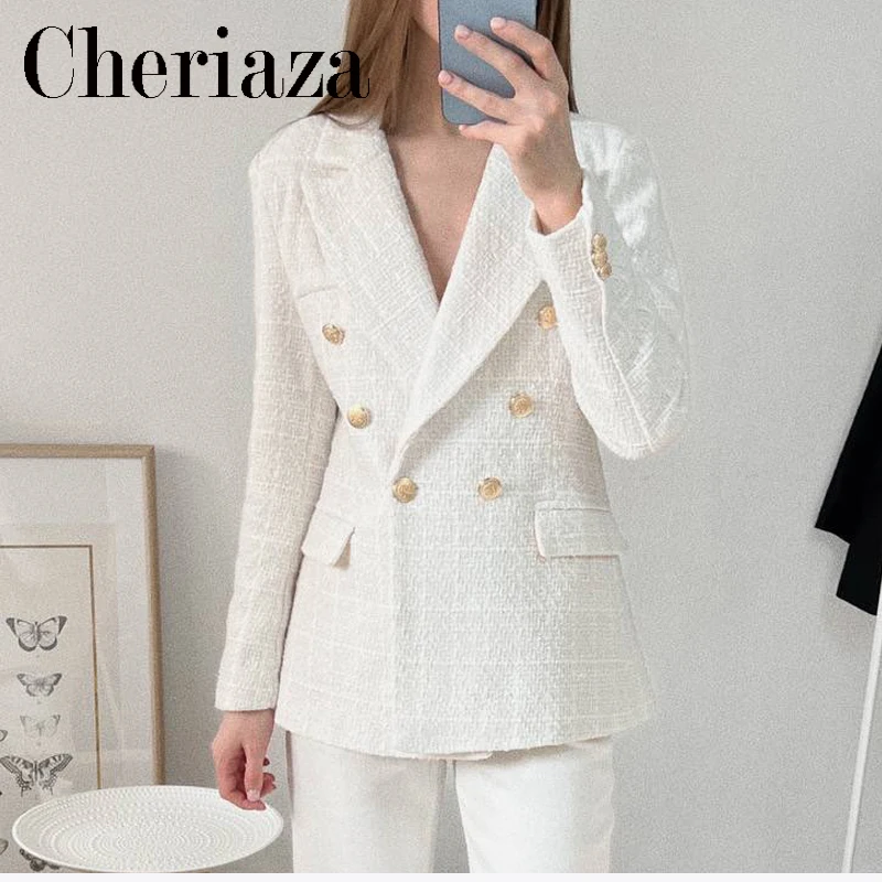 Cheriaza Autumn Women White Tweed Blazer Double-breasted Long Sleeves Casual Commute Outerwear Pocket Vintage Top Female
Cheriaza Autumn Women White Tweed Blazer Double-breasted Long Sleeves Casual Commute Outerwear Pocket Vintage Top Female