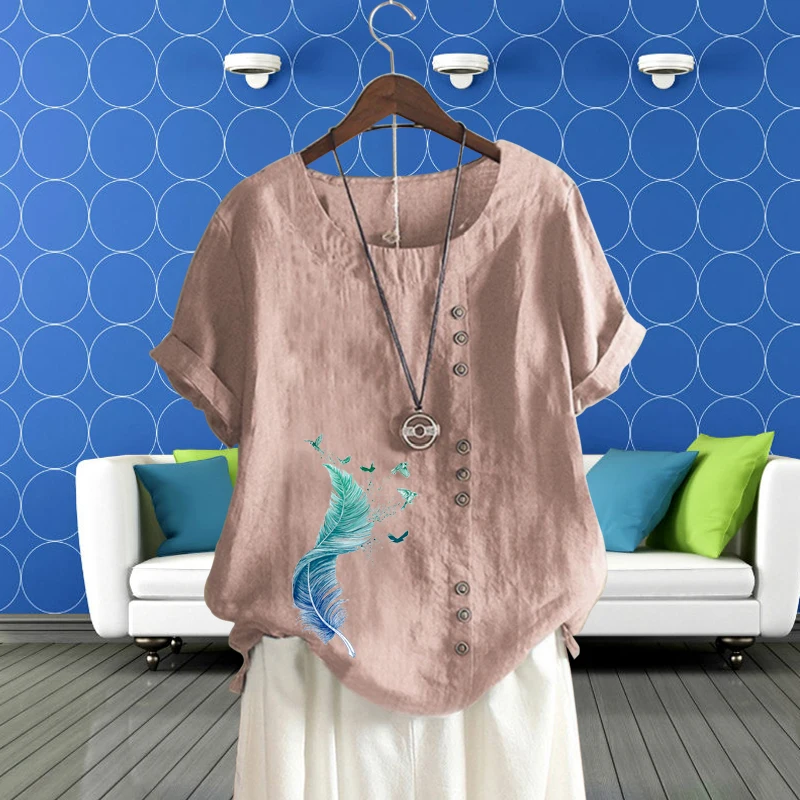 O Neck Short Sleeve Women's Clothing Vivid Feather Pattern Pullover T Shirt Round Neck Summer Top Loose Linen Pullover for Lady
O Neck Short Sleeve Women's Clothing Vivid Feather Pattern Pullover T Shirt Round Neck Summer Top Loose Linen Pullover for Lady