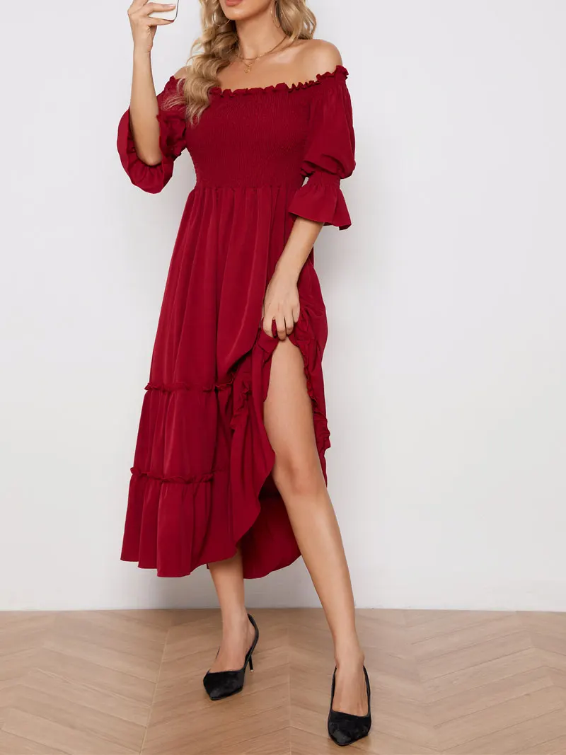 2022 Red Color Elegant Sleeve Women Maxi Dresses High Elastic Waist Collar Evening Party Female Summer Clothes C14N7
2022 Red Color Elegant Sleeve Women Maxi Dresses High Elastic Waist Collar Evening Party Female Summer Clothes C14N7
